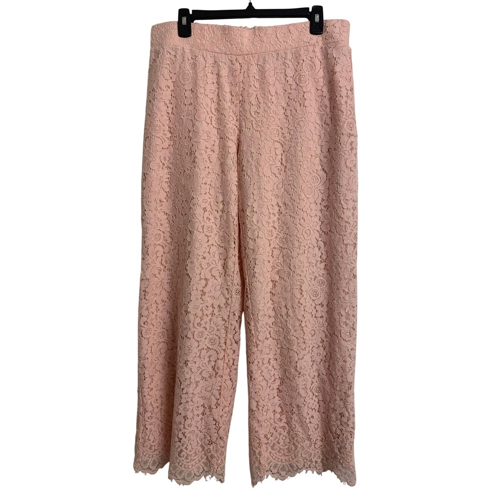 Isaac Mizrahi Live Pink Floral Lace Wide Leg Pants Scalloped Hem Medium - Picture 1 of 10